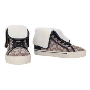 Coach Womens Sig Jacquard Fold Over Sherpa High Tops-Womens 9-Cocoa/Black-NWT